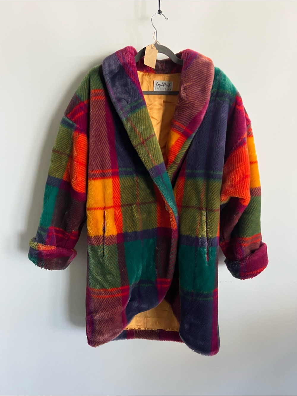 Vintage Royal Plush Colorful Plaid Shawl Collar Coat - Multicolor